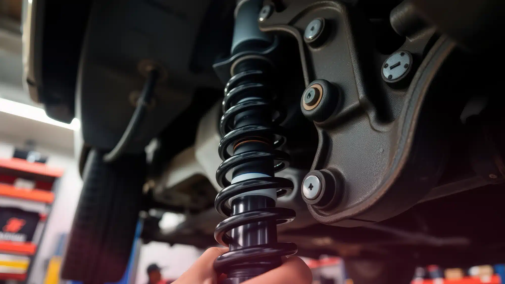 A mechanic inspects the suspension system of a car on a lift in a well-lit auto shop, focusing on a shock absorber.